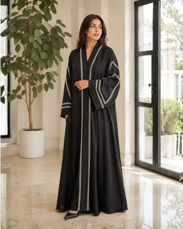 Amina Black Open Front Linear Embroidered Abaya