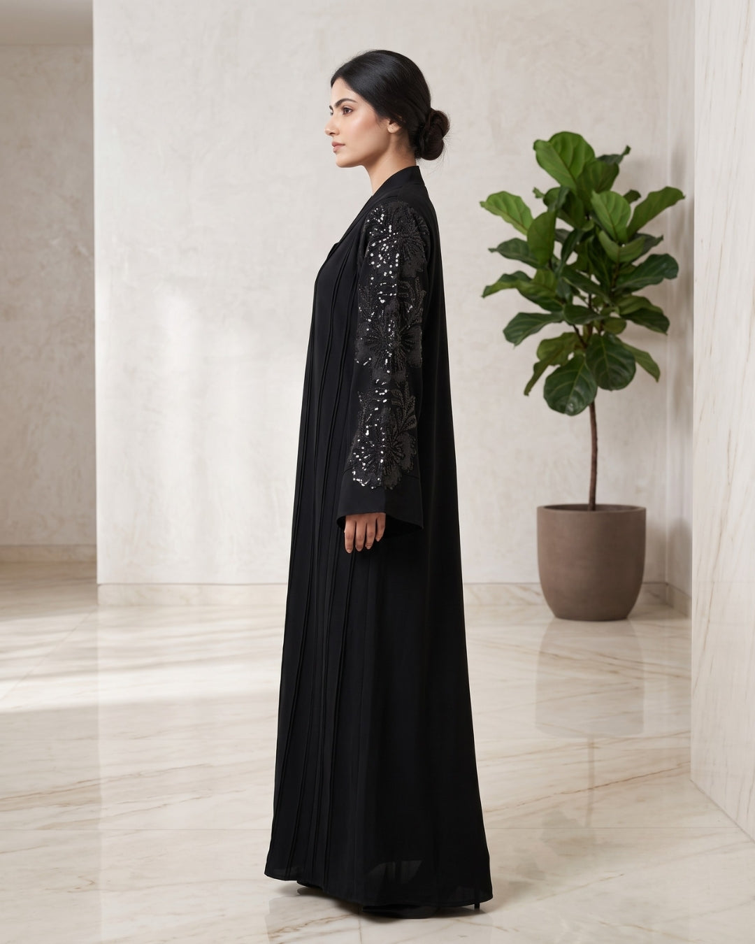 Layla Black Pleated Embroidered Sleeve Abaya