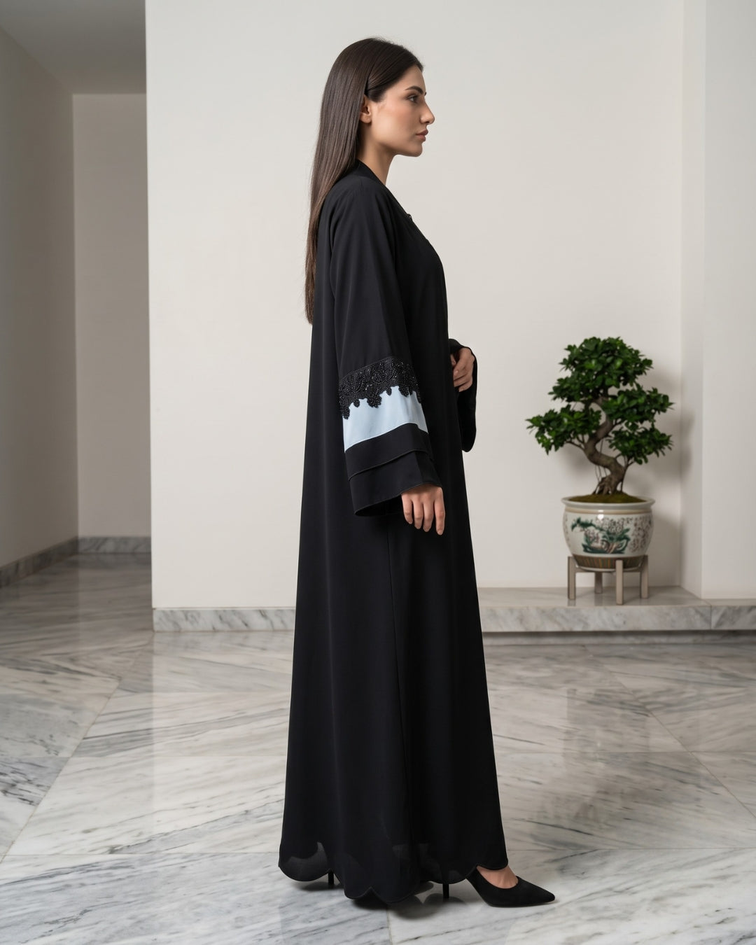 Noor Black Open Front Contrast Sleeve Abaya