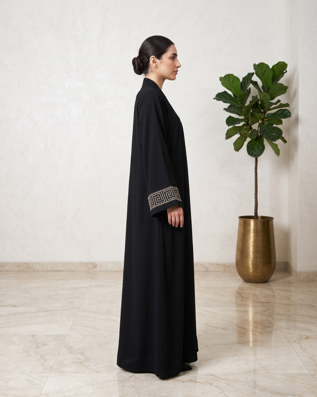 Luxury Black Open Front Abaya with Greek Key Embroidered Cuffs