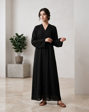 Black Stone Work Front Open Abaya