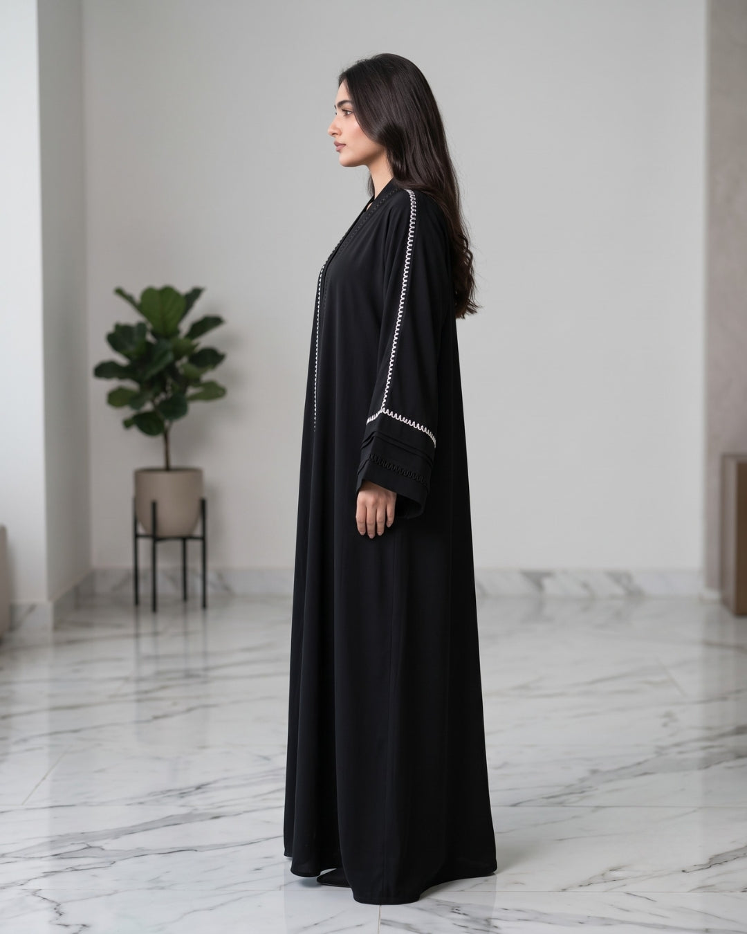 Amara Black Open Front Contrast Trim Abaya