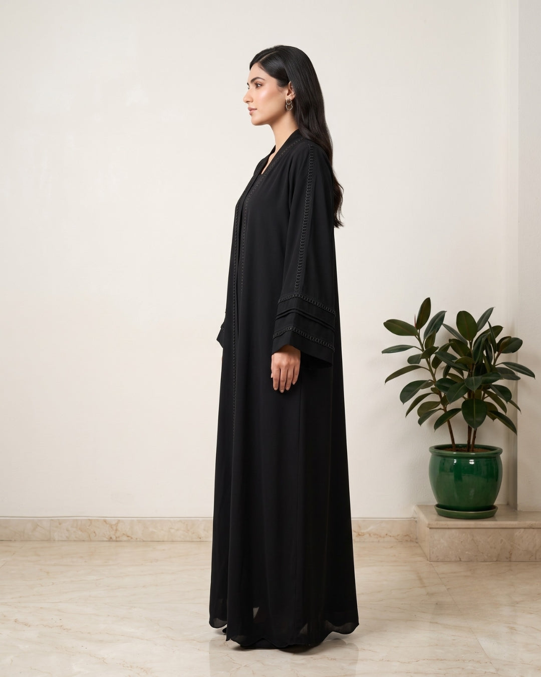Zahra Black Open Front Braided Trim Abaya