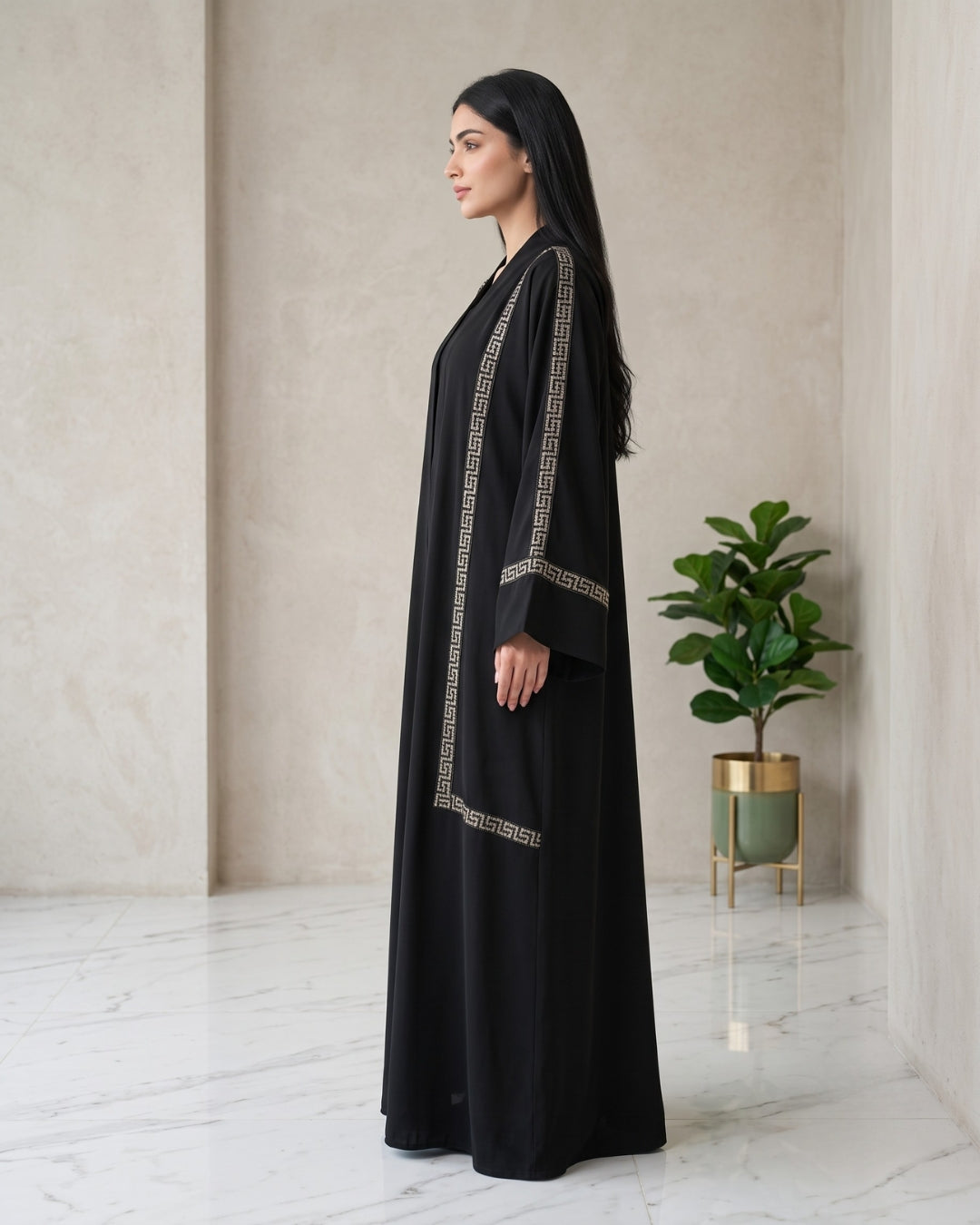 Aaliyah Black Open Front Geometric Embroidered Abaya