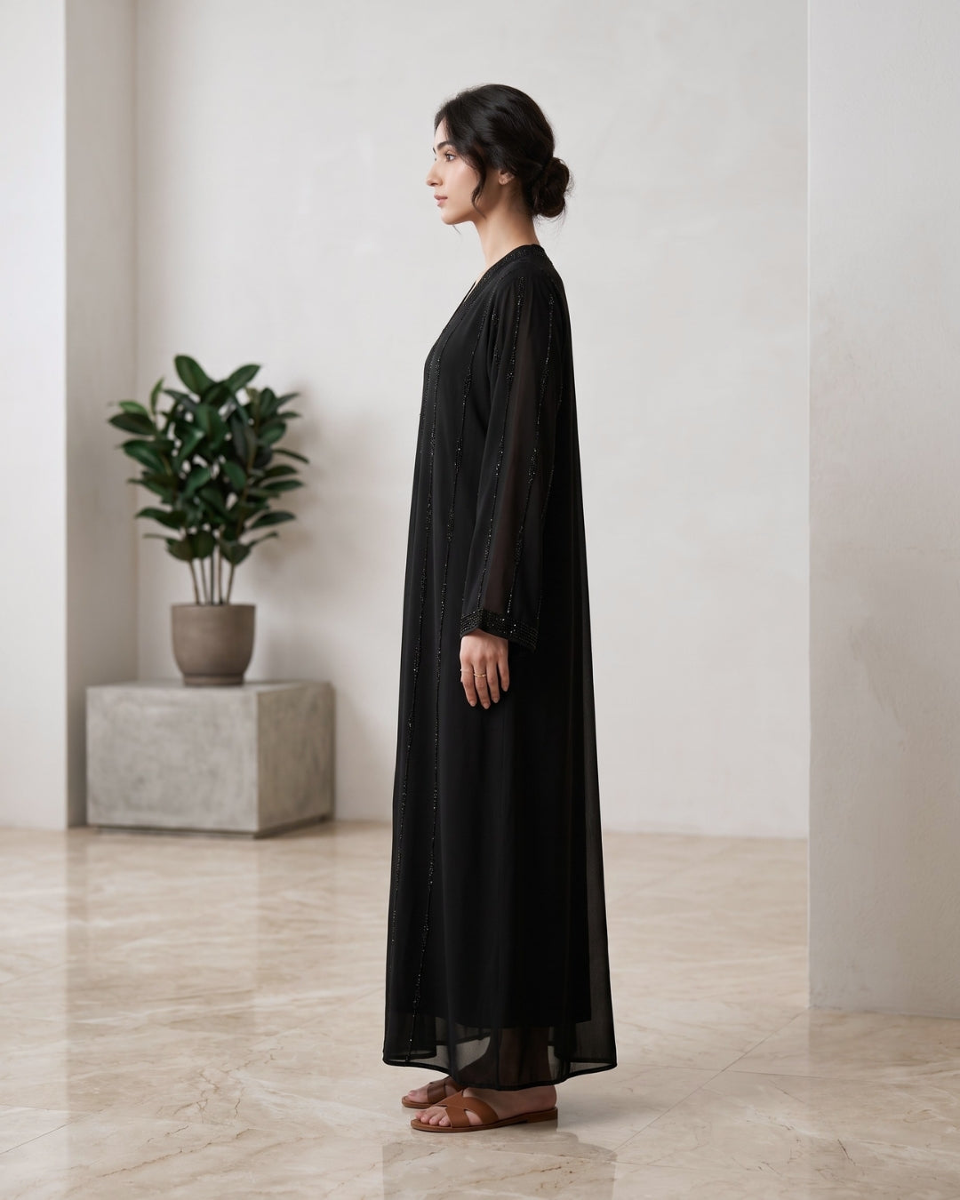 Black Stone Work Front Open Abaya