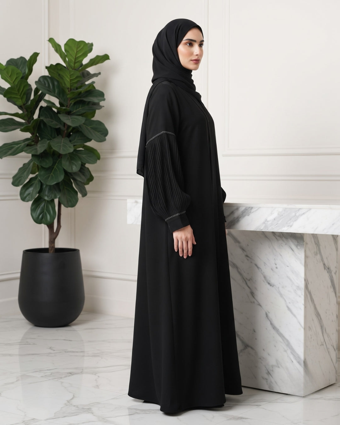 Premium Open Front Abaya with Pleated Statement Sleeves