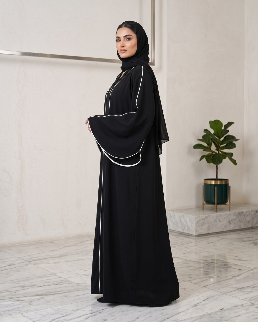 Premium Front Zip Abaya with Contrast Piping