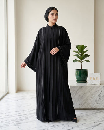Premium Pleated Kaftan Abaya with Contrast Piping