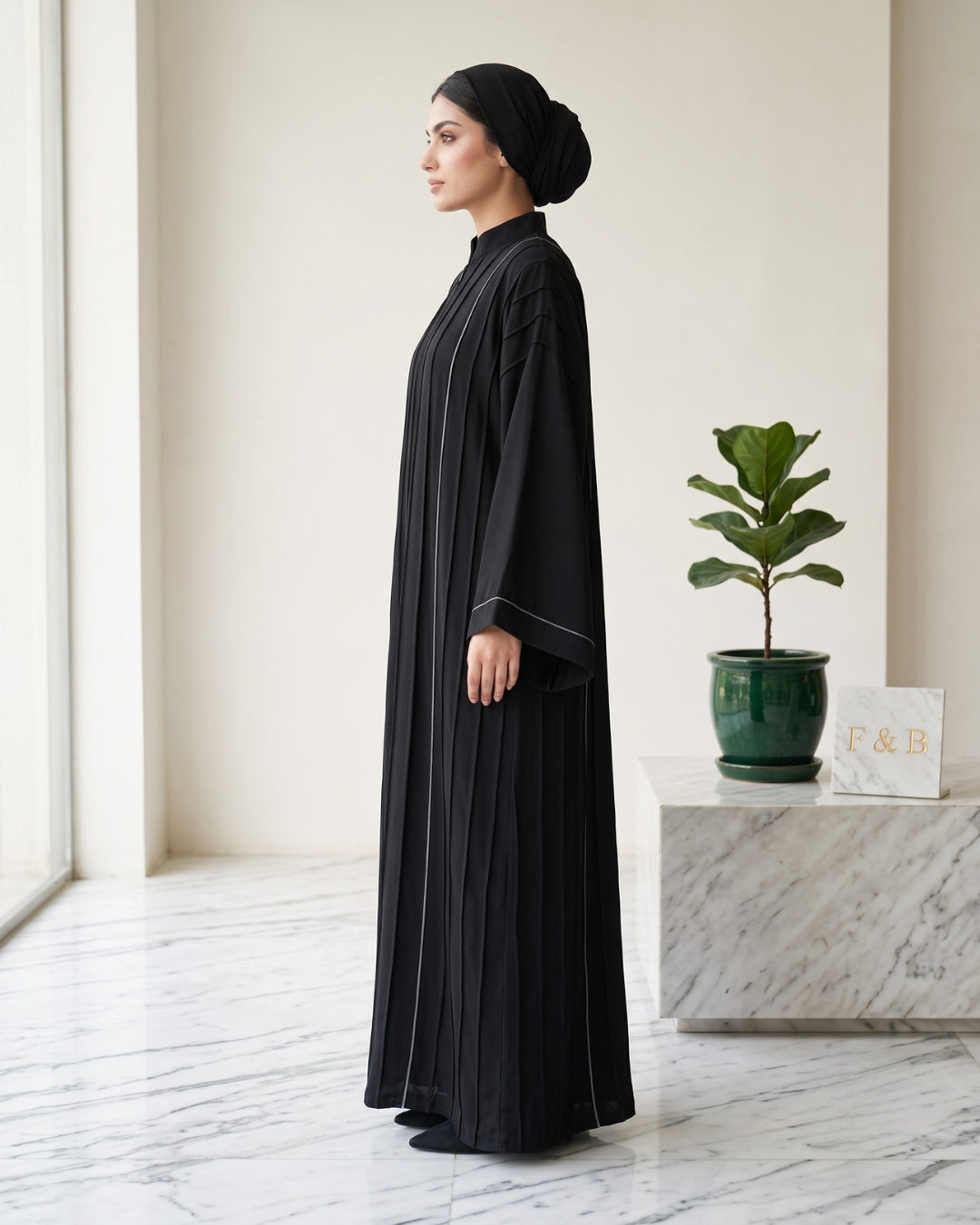 Premium Pleated Kaftan Abaya with Contrast Piping