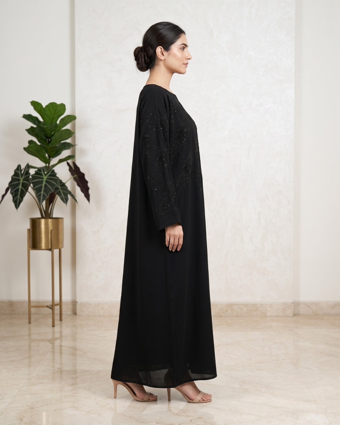 Premium Black Nida Abaya with Crystal Handwork