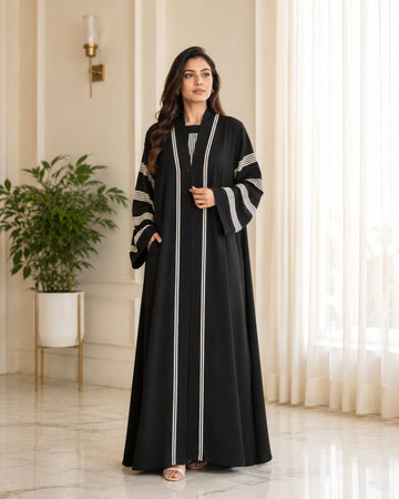 Hafsa Black Open Front Striped Sleeve Abaya