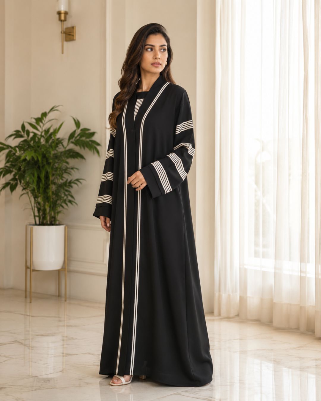 Hafsa Black Open Front Striped Sleeve Abaya