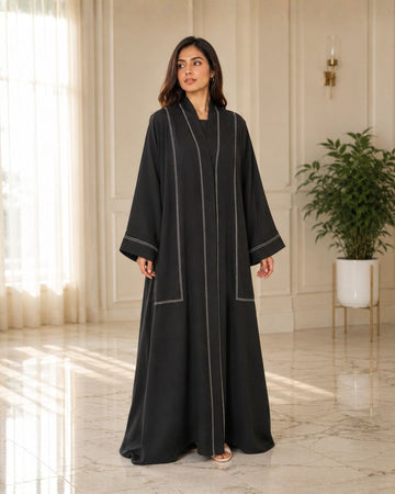 Sana Black Open Front Contrast Stitch Abaya