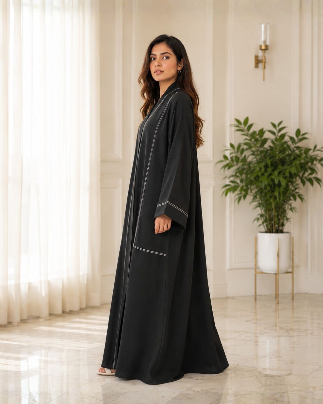 Sana Black Open Front Contrast Stitch Abaya