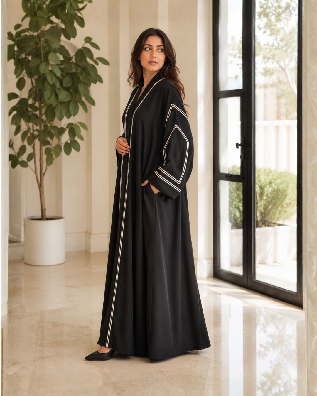 Amina Black Open Front Linear Embroidered Abaya