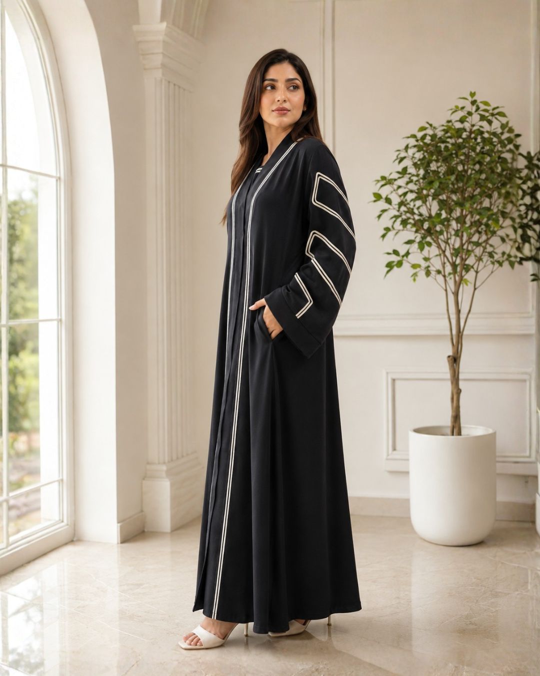 Noura Black Open Front Geometric Cord Embroidered Abaya