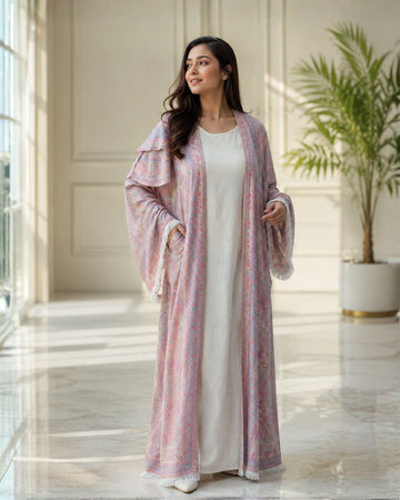 Premium Pink Kashmiri Print Abaya with Matching Shawl