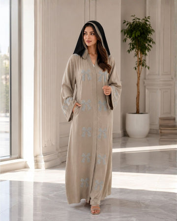 Amina Beige Bow Embellished Front Open Abaya