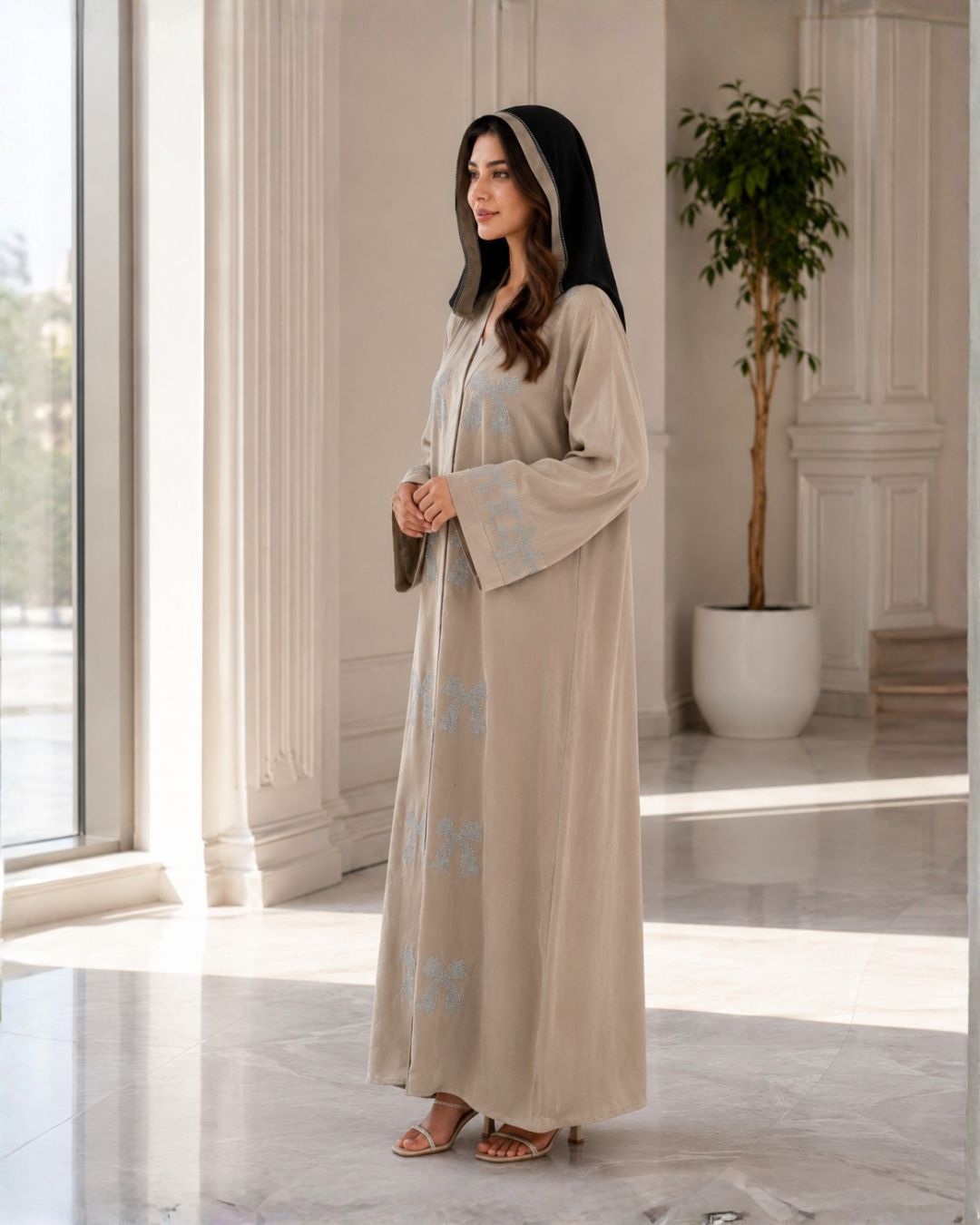 Amina Beige Bow Embellished Front Open Abaya