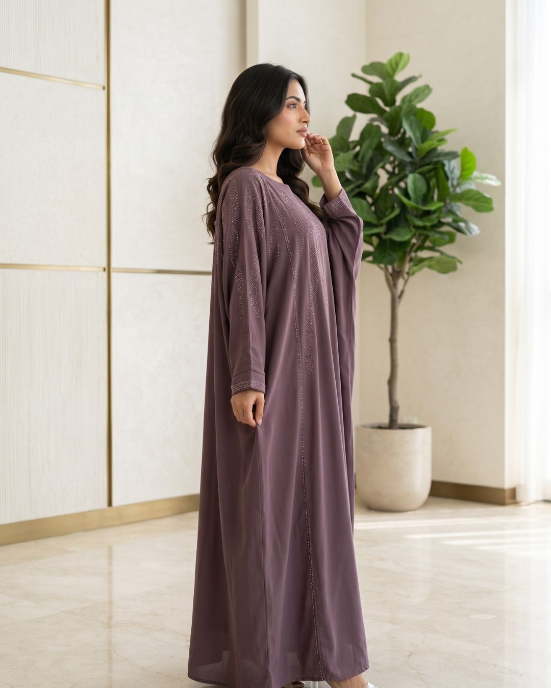 Aaliyah Coffee Brown Rhinestone Embellished Nida Kaftan Abaya for Women