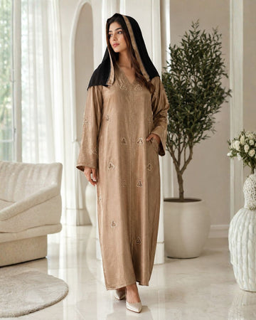 Zaria Champagne Embroidered Closed Abaya with Contrast Khimar