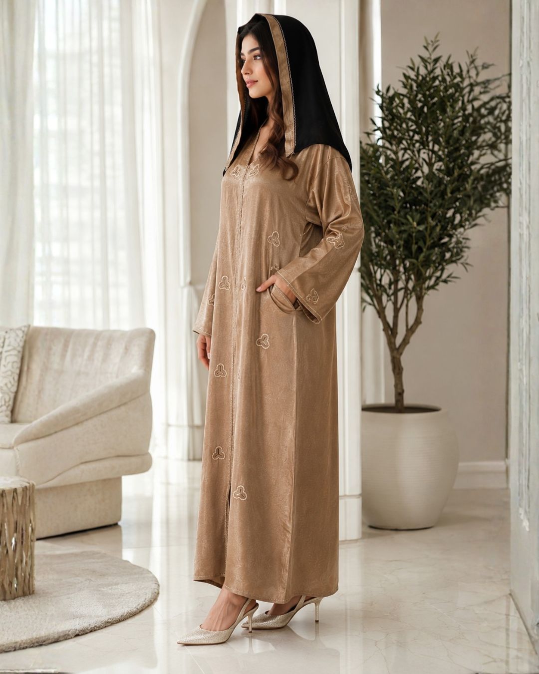 Zaria Champagne Embroidered Closed Abaya with Contrast Khimar