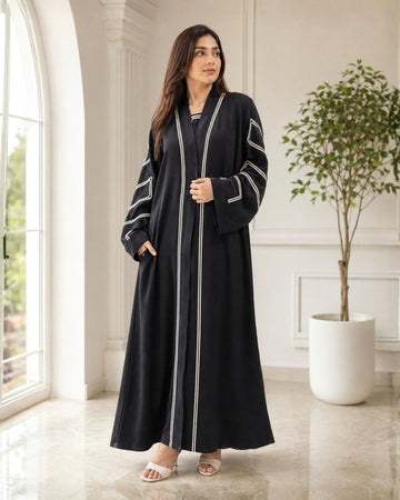 Noura Black Open Front Geometric Cord Embroidered Abaya