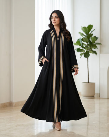 Premium Black Contrast Trim Front Open Abaya