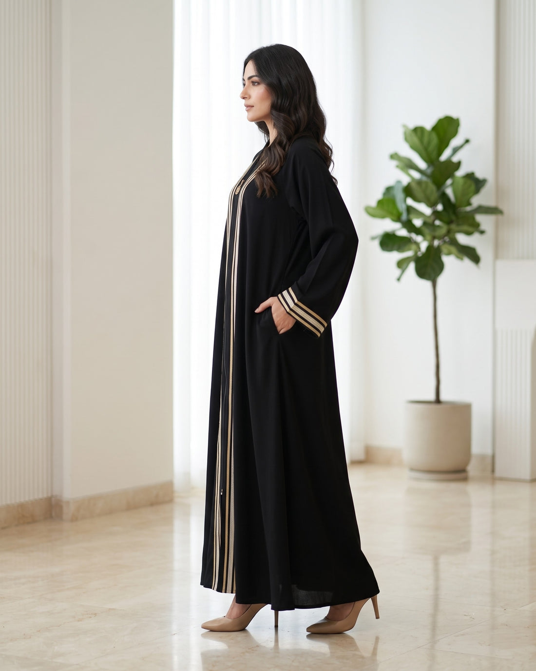 Premium Black Contrast Trim Front Open Abaya