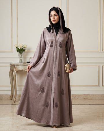 Premium Taupe Embroidered Hooded Front Open Abaya