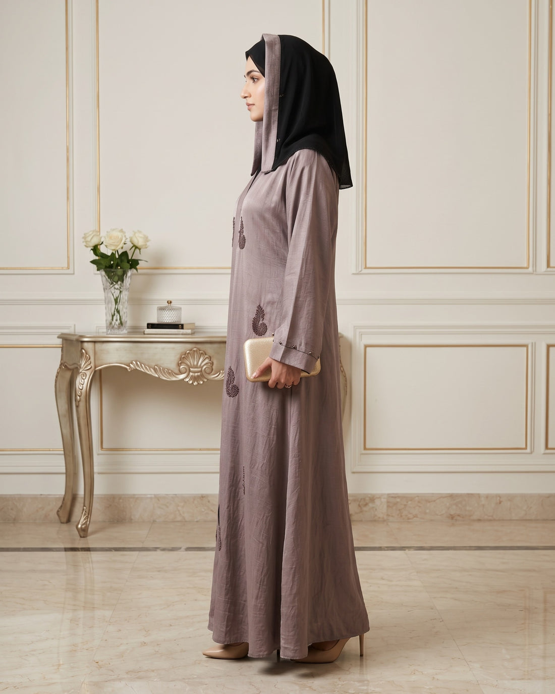Premium Taupe Embroidered Hooded Front Open Abaya