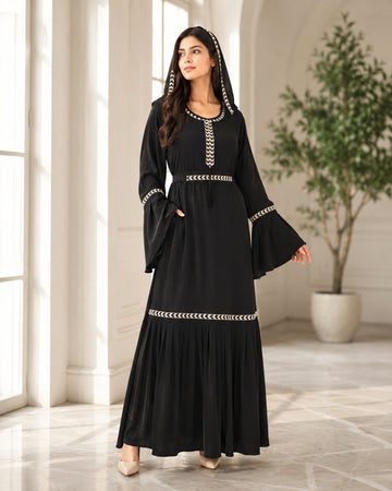 Premium Black Embroidered Hooded Abaya with Flared Sleeves