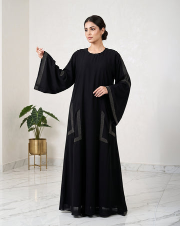 Black Arabian Abaya with Crystal Panel Handwork