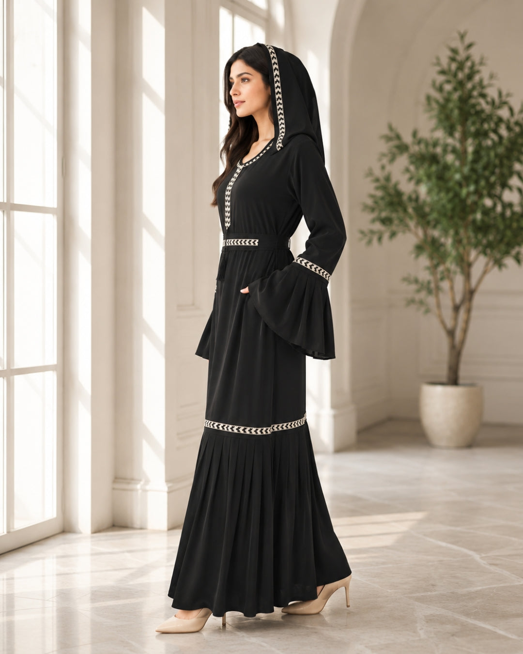 Premium Black Embroidered Hooded Abaya with Flared Sleeves