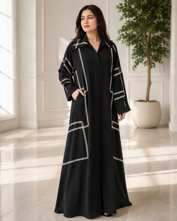 Premium Black Geometric Embroidered Abaya with Shirt Collar