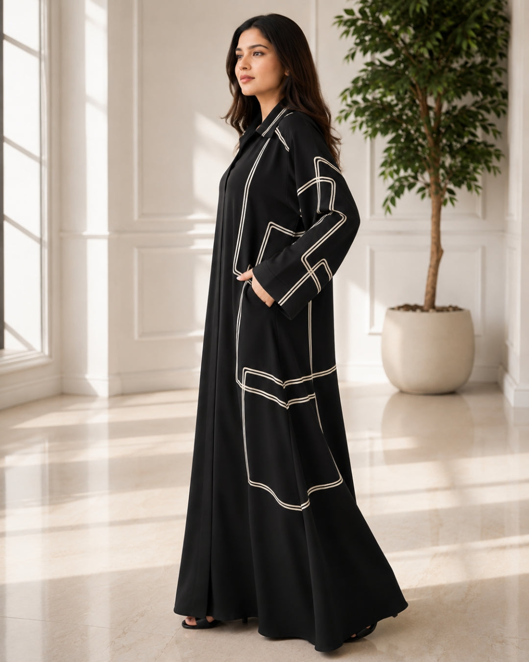 Premium Black Geometric Embroidered Abaya with Shirt Collar
