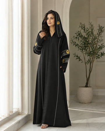Premium Black Floral Embroidered Hooded Abaya