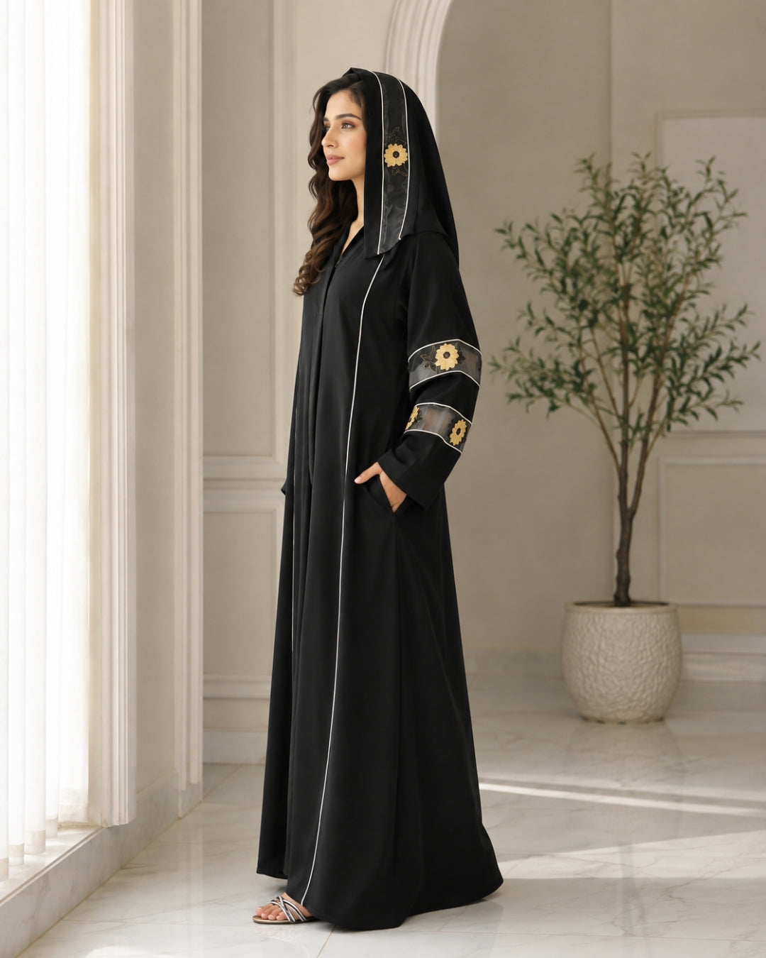 Premium Black Floral Embroidered Hooded Abaya