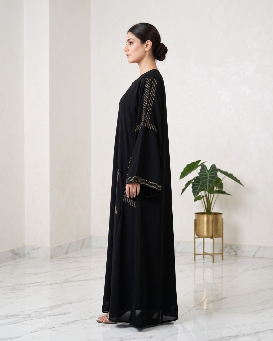 Black Arabian Abaya with Crystal Panel Handwork
