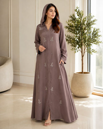 Premium Mocha Brown Embroidered Hooded Abaya