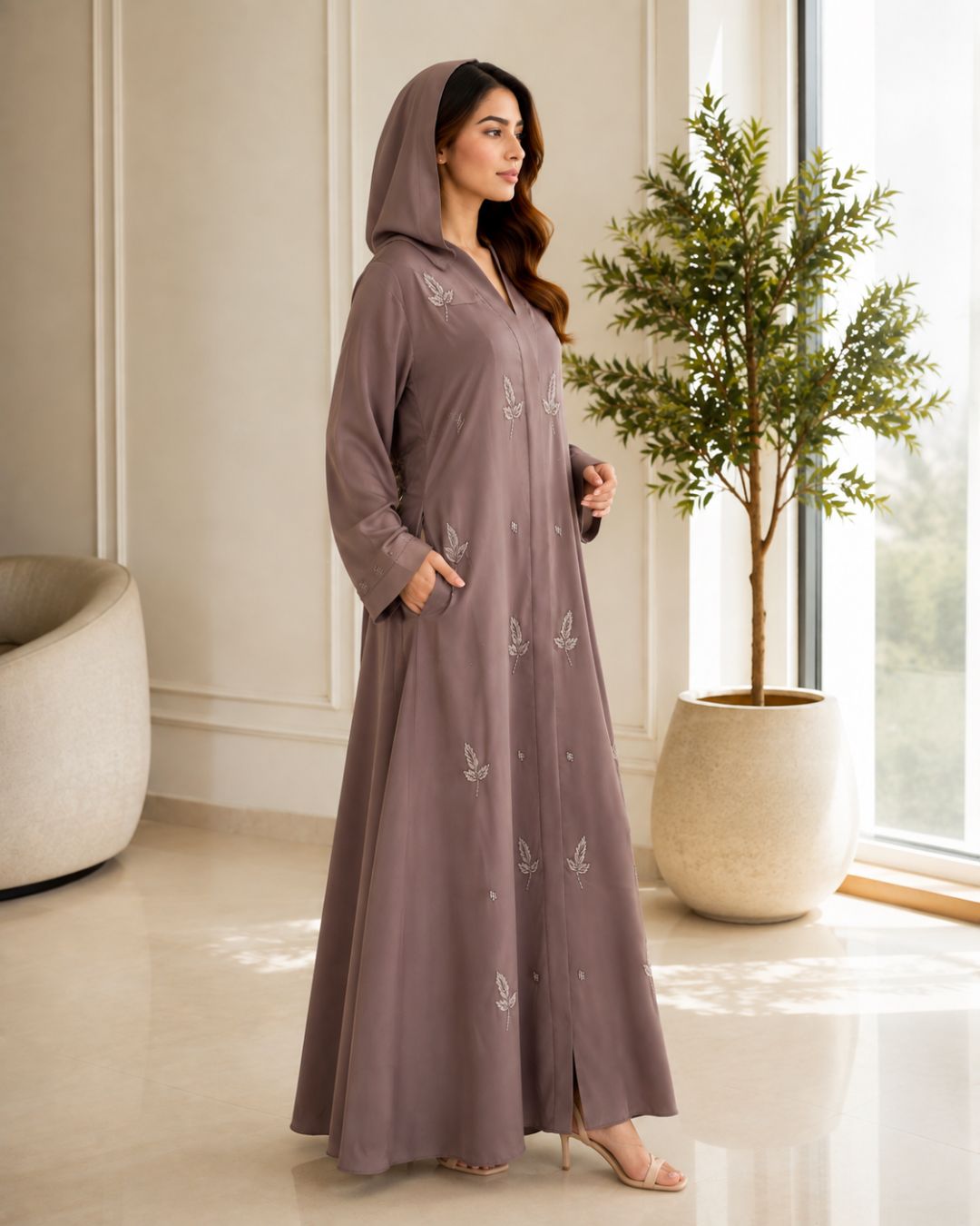 Premium Mocha Brown Embroidered Hooded Abaya