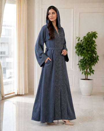 Premium Slate Blue Embroidered Hooded Abaya with Belt