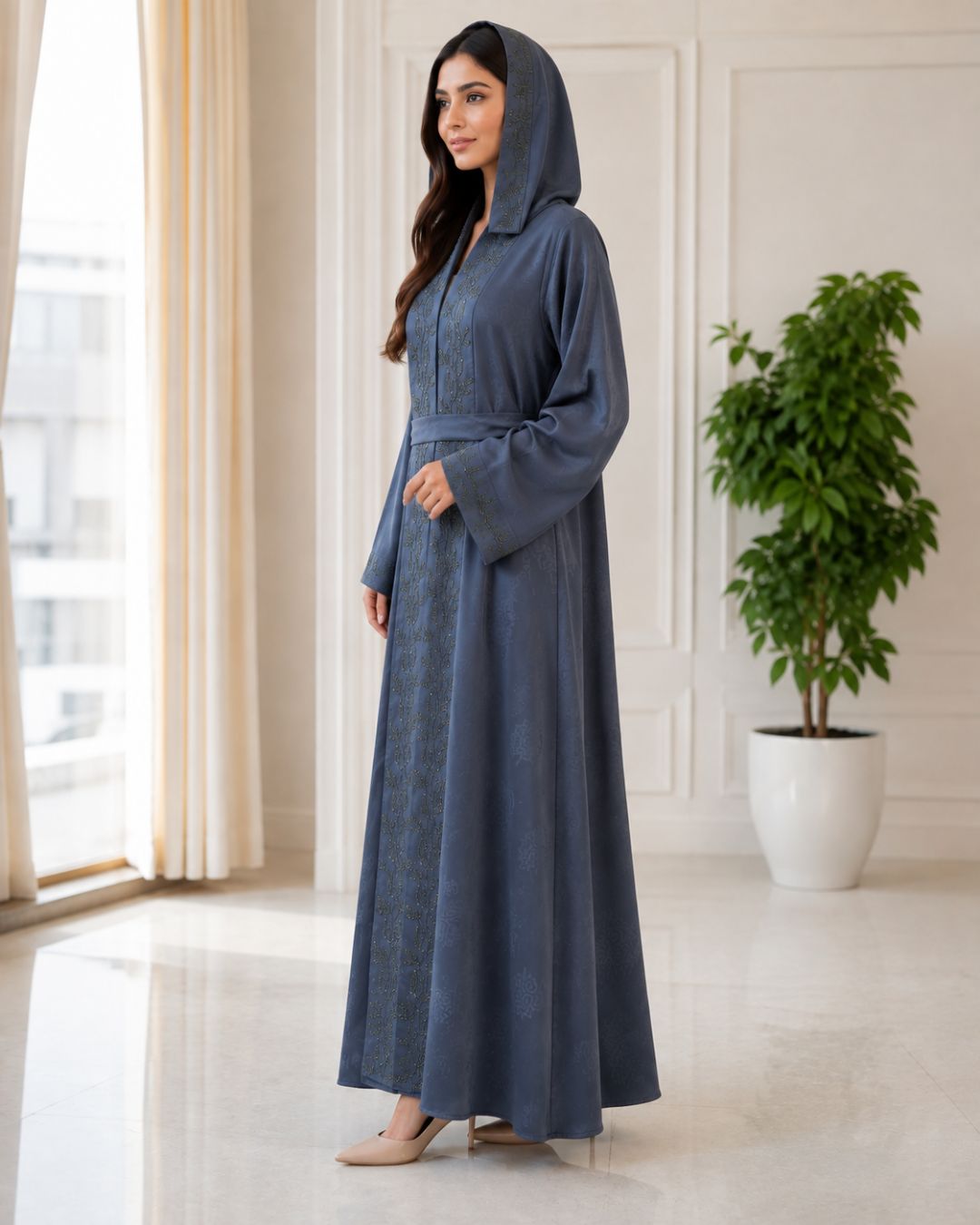 Premium Slate Blue Embroidered Hooded Abaya with Belt