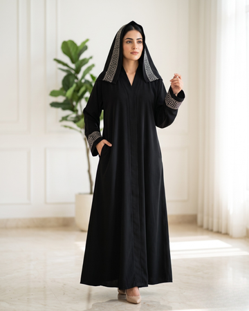 Elegant Black Embroidered Front-Open Abaya