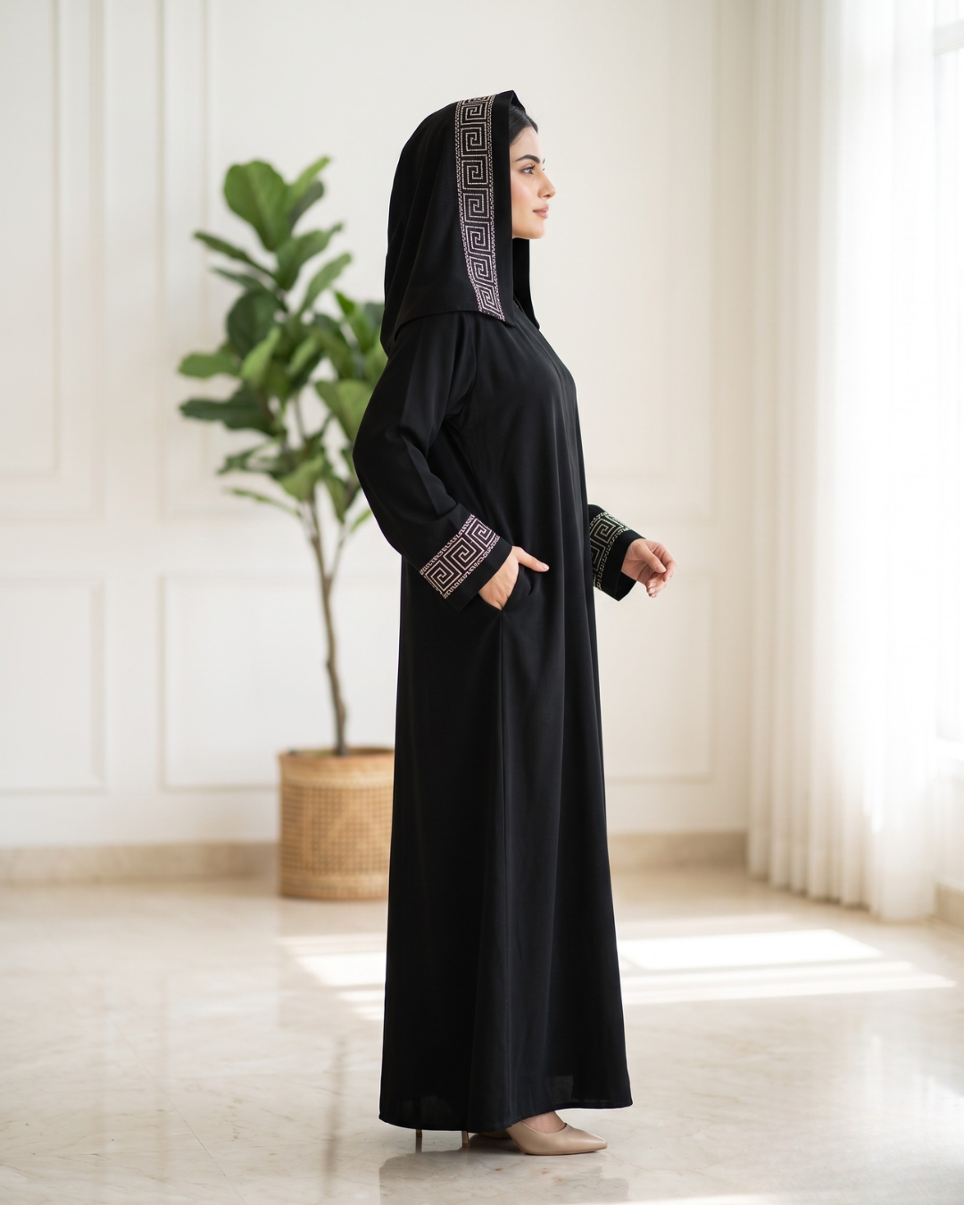 Elegant Black Embroidered Front-Open Abaya