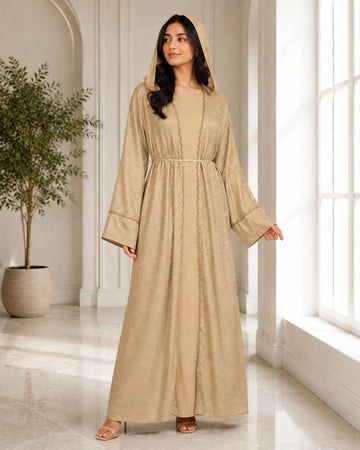 Premium Champagne Jacquard Hooded Abaya