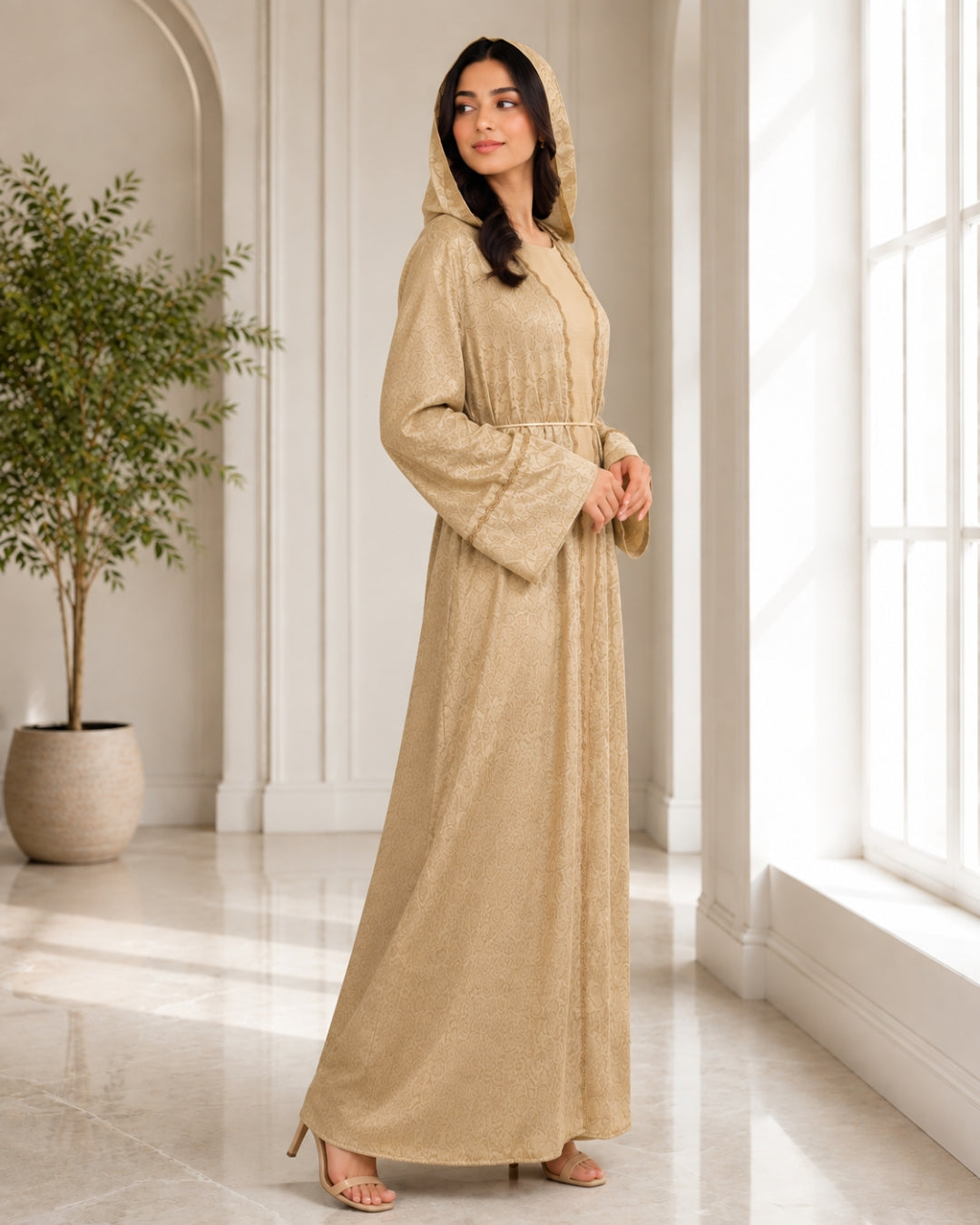 Premium Champagne Jacquard Hooded Abaya