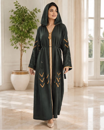 Premium Emerald Green & Gold Embellished Hooded Abaya