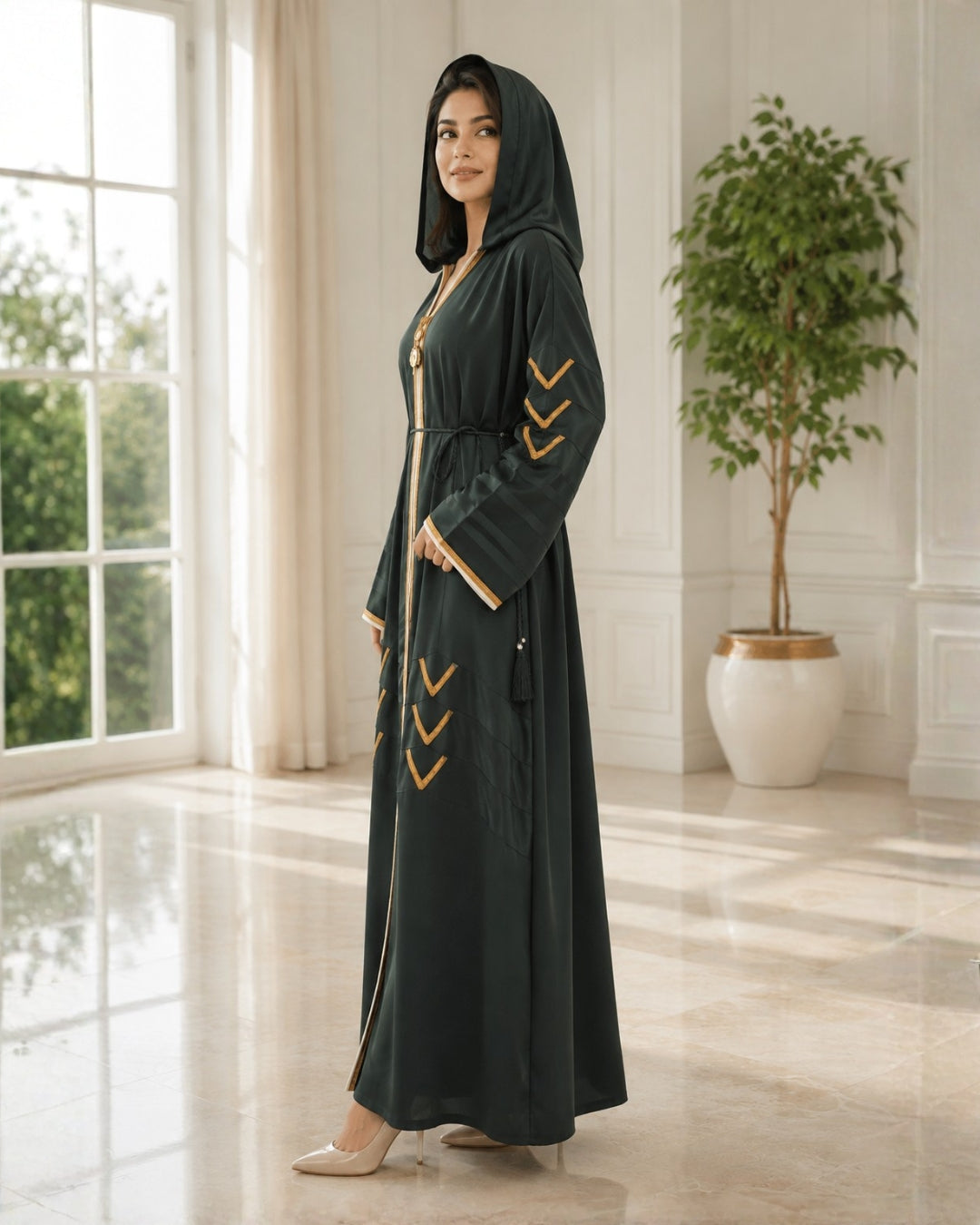 Premium Emerald Green & Gold Embellished Hooded Abaya
