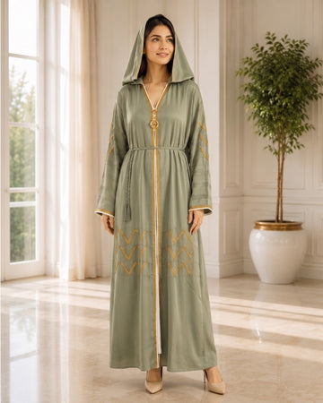 Premium Sage Green & Gold Embellished Hooded Abaya